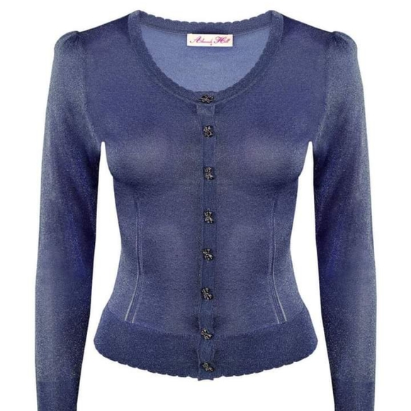 Alannah Hill Sweaters - ALANNAH HILL Maybe Baby Blue Sparkly Bow Button Cardi Cropped Cardigan RRP$169